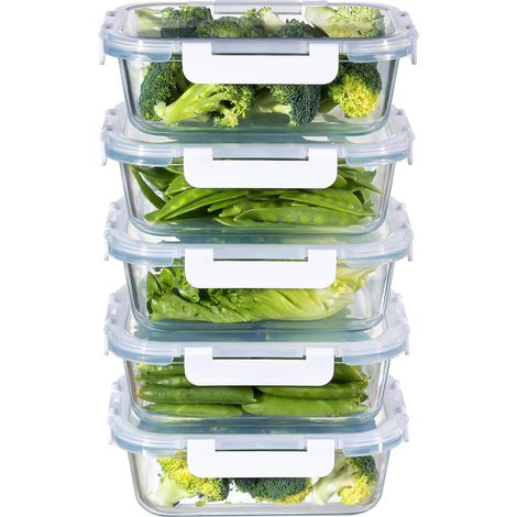 Lot de 5 boîtes de conservation en verre de 1040 ml avec couvercle - Sans BPA - Passe au micro-ondes, au four, au congélateur et au lave-vaisselle - Blanc (1/5)