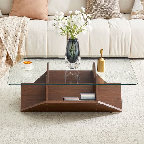 Table basse multifonction en verre trempé et MDF, finition noyer, avec compartiments spacieux pour rangement quotidien, table basse moderne pour salon et bureau