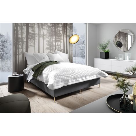 Sofello Boxspringbett MACH 180 x 200cm ohne Kopfteil 2x Bettkasten TOPPER 5cm Gratis Grau Velour hohe goldene Beine (1/5)