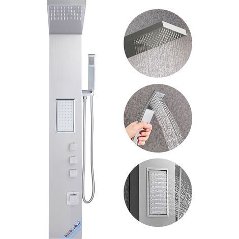 Colonne de douche en acier inoxydable brossé, 135 cm, avec pommeau de pluie, robinet 3 fonctions, jet de massage, douchette à main. (1/5)