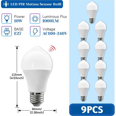 (9 ampoules, blanc chaud 3000K) Ampoules LED à détecteur de mouvement PIR, adaptées aux couloirs et aux portes de la maison. (1/5)