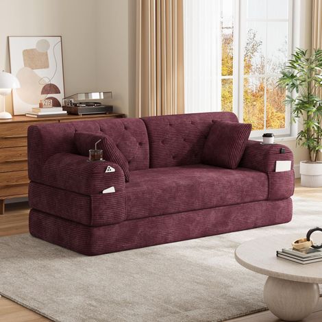 Canapé Convertible 2 Places 168x80x81 cm, Dossier Haut, 2 Porte-Gobelets, 4 Poches Latérales, Velours Côtelé - Rouge Bordeaux (1/5)