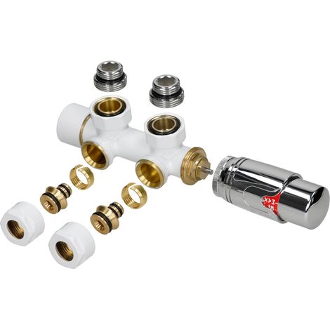 ECD Germany Thermostat Radiateur Kit Raccordement Espacement Tuyau Connexion Central 50 mm - Couleur Blanc - Design Élégant - 5 Niveaux Réglables - Valve Préréglable avec Clé (1/3)