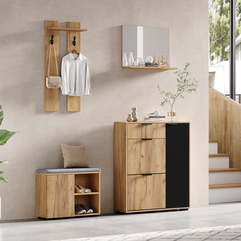 Set d’entrée avec penderie murale, banc à chaussures et meuble à chaussures, 1 miroir, 1 tiroir, 2 crochets, 4 portes, couleur bois naturel et noir, B140× P35 × H139 cm