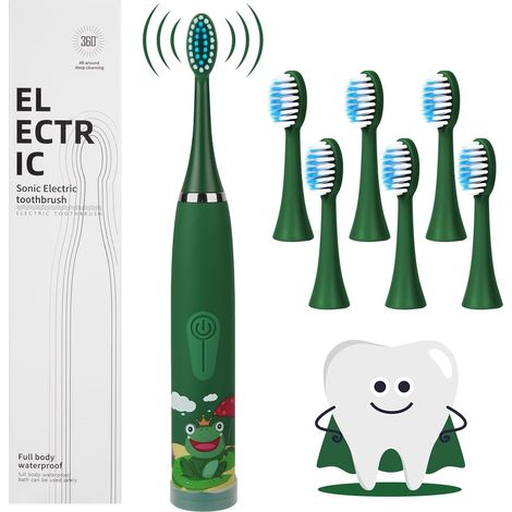 Brosse à Dents Électrique Enfants, Vert Cristal 4 Modes Nettoyage Brosse à Dents Sonique Rechargeable, Ultra-sileucieux Poils doux, Étanchéité IPX6 Minuterie de 2 mins 6 Têtes Brosse (1/5)