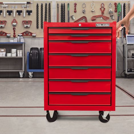Chariot à outils à 7 tiroirs et roulettes, en métal, avec tiroirs verrouillables, couleur rouge (1/4)