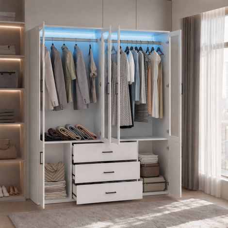 Armoire Penderie 4 Portes avec 3 Tiroirs, Armoire Blanche de Chambre avec LED réglable, Armoire 180 cm pour Adulte Enfant, 160x51,8x182 cm (1/5)