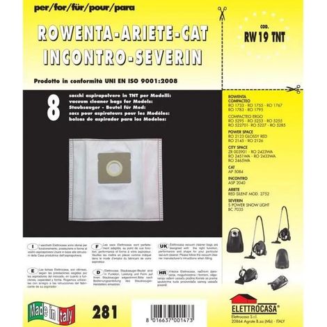 Elettrocasa RW 19 TNT Accessoire et fourniture pour aspirateur Aspirateur réservoir cylindrique Sac à poussière