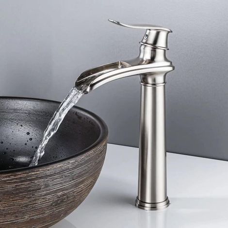 YMYNY Badezimmerarmatur mit hohem Wasserfall, Retro-Waschtischarmatur in matt gebürstetem Design, Waschbeckenarmaturen aus Messing, antiker Einhebelmischer für Badezimmer (1/4)