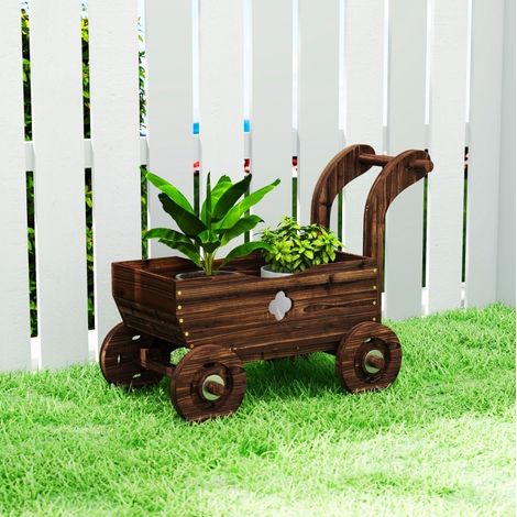 Jardinera de madera en forma de carretilla con 4 ruedas y asa, 68 x 38 x 52 cm (1/5)