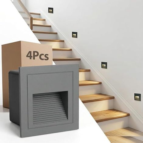 Ensemble de 4 Appliques Encastrés Carré LED 3W pour Eclairage Mural d'Escalier Step Lampe, Lumières de Marche Aluminium 230V Blanc Chaud IP65 Etanche,Luminaires Encastrés Boîtier gris (1/5)