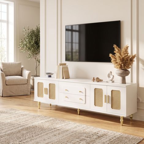 Meuble TV 175x38x55.5cm avec Portes en Rotin PVC et Tiroirs Push-to-Open Panneau de Particules Style Rétro Blanc (1/5)