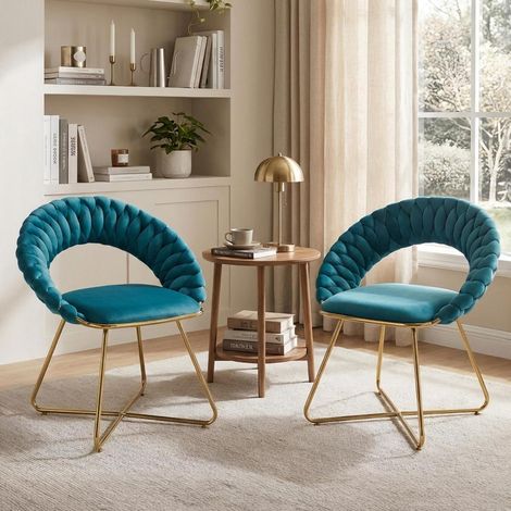 2er Set Loungesessel Samt mit geflochtener Rückenlehne und goldenen Metallbeinen, Blau (1/5)