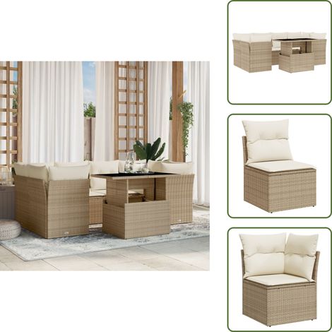 Salon de jardin avec coussins 7 pcs beige résine tressée - Ensemble Salon De Jardin - Salon De Jardin Extérieur - Meuble De Jardin - Table De Jardin Extensible - Canapé D'extérieur (1/5)