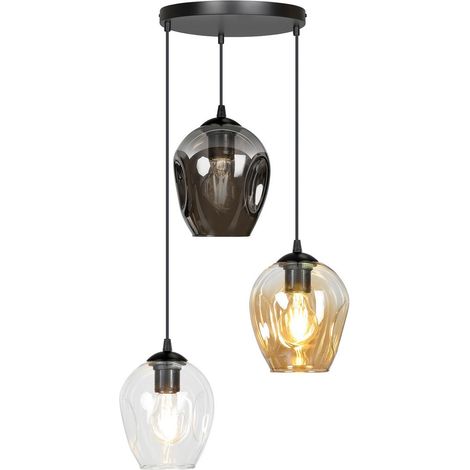 Lampadario 3 Luci Istar Base Tonda Acciaio Nero E Vetri Ambra Trasparente E Fumè (1/5)
