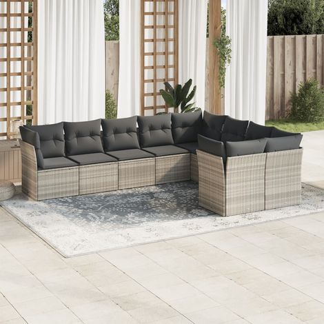 Set muebles jardín 9 pzas y cojines ratán sintético gris claro vidaXL (1/3)