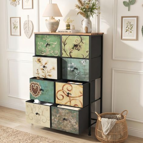 Commode 8 tiroirs Vert 67 cm - Meuble de Rangement et poignées noires, motif Vintage, cadre en métal noir, adaptée au salon, chambre à coucher (1/4)