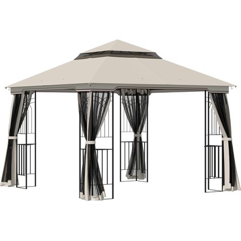 Pérgola de jardín 2,99 x 2,99 m con doble techo y 4 laterales de metal y poliéster beige (1/5)