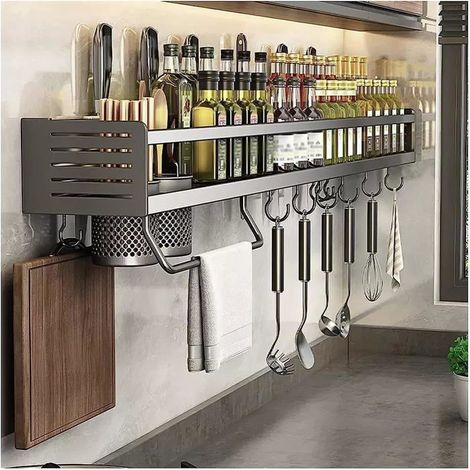 KLVGTIFS PUPorte Ustensiles Cuisine Porte Couteaux Mural Rangement Ustensiles de Cuisine avec Porte-Serviette Avec/Sans Perçage-50cm Noir (1/4)
