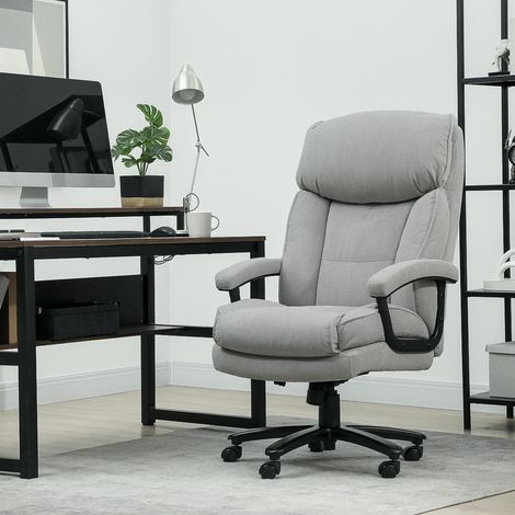 Ampia sedia da ufficio alta, portata massima 200 kg, struttura robusta, rivestimento morbido, colore grigio chiaro.