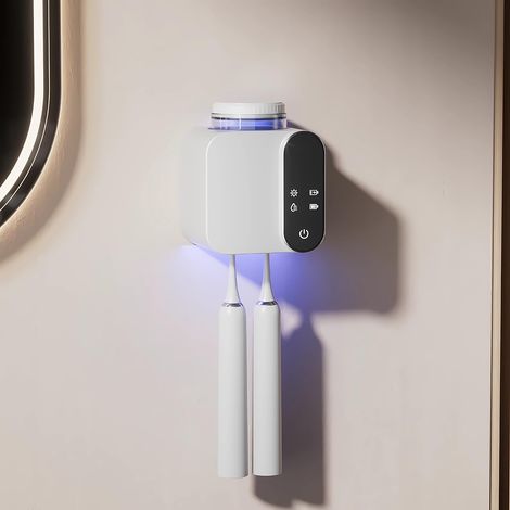 Porte-brosse à dents stérilisateur UV - Porte-brosse à dents électrique avec fonction de séchage - Organisateur de brosses à dents mural avec séchage - Charge solaire et USB - Pour enfants et adultes (1/5)