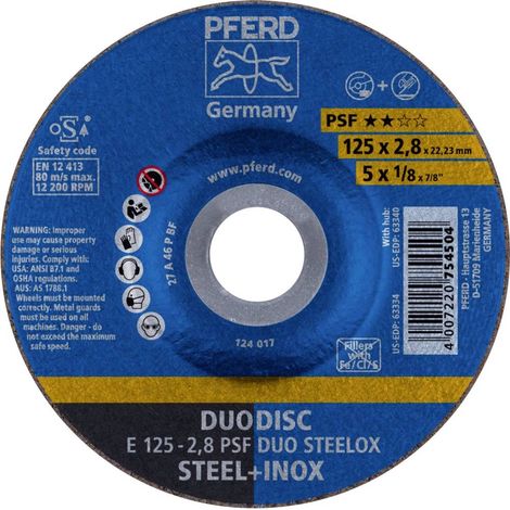 Disque de découpage/à meuler PFERD, Ø 125 x 2,8 x 22,23mm coudé, pour acier, inox (1/4)