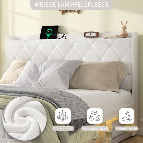 Lit parapluie double 140x200 cm en tissu peluche blanc, lit rembourré avec chargeur USB, bandeau LED intégré, 6 tiroirs de rangement, capacité 360 kg, sans matelas. (1/5)