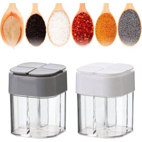 Contenant Épices - 4 Compartiments - 6,5 x 6,5 x 8,5 cm - Transparent Blanc/Gris - Set de 2 (1/5)