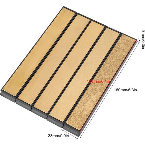 Ensemble de 5 pièces comprenant des bandes de meulage diamantées de 160 x 23 mm, des bandes de pierre à huile plaquées titane et un outil d'affûtage à angle fixe avec socle. (1/5)