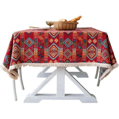 Nappe de table bohème vintage - 100 x 140 cm - Nappe de jardin avec pompons (1/5)