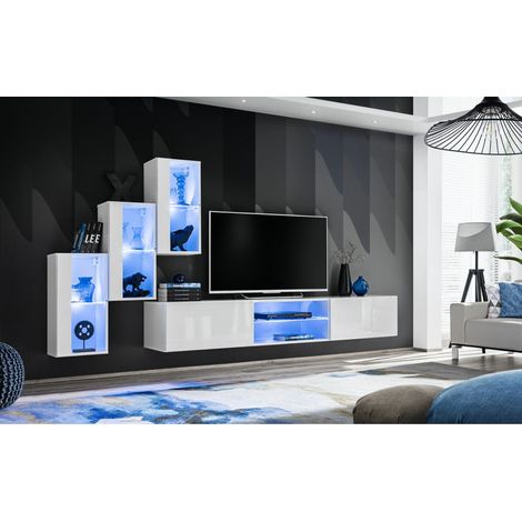 Ensemble meuble TV mural Switch XXII - L 240 x P 40 x H 170 cm - Blanc - Livraison gratuite