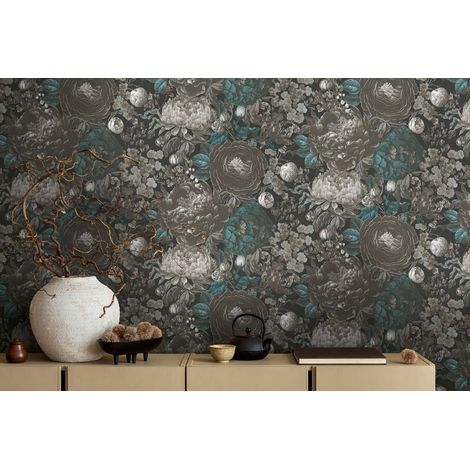 Papier peint fleurs gris et bleu sur fond noir, salon, salle à mange, chambre, 399792 (1/4)