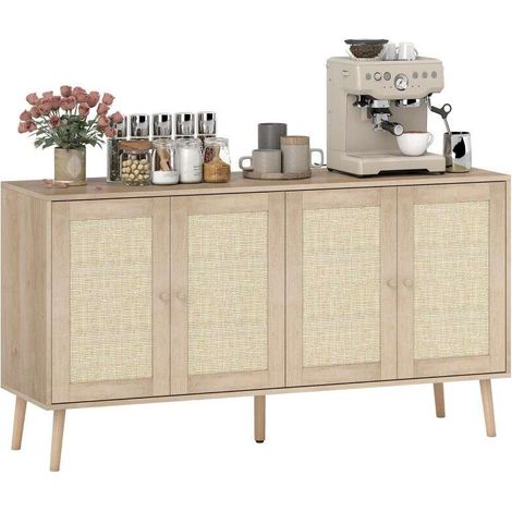Buffet salon meuble de rangement placards à portes en cannage et étagère réglable 140 x 40 x 75 cm effet bois naturel (1/5)