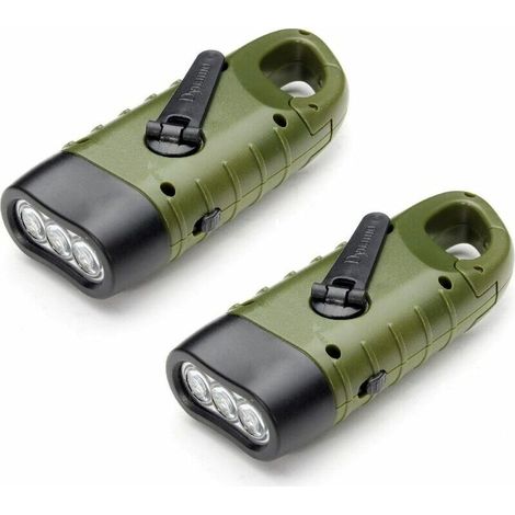 Lampe Torche Solaire Rechargeable(Lot de 2), LED Lampe d’Urgence à Dynamo Manivelle Flashlight avec Mousqueton pour Randonnée Voyage Camping Escalade,Armée Verte (1/5)