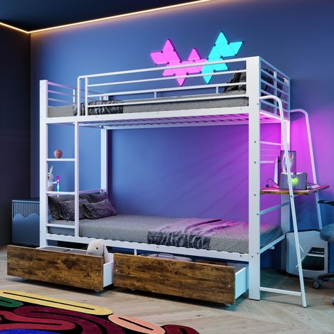 Lit superposé 90x200 cm avec bureau, LED et tiroirs de rangement, 250 kg par couchage DESVIAE (1/5)