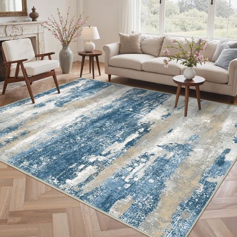 Tapis Salon Résumé 200x290cm Lavable en Machine Rug AntidéRapant Poil Ras, pour Chambre Salle a Manger Descente de Lit Bureau, Cuisine, Bleu et Gris (1/5)