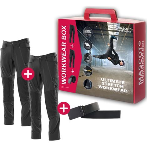 Mascot Workwear Box 18479 mit 2 Arbeitshosen und Gürtel Gr. 62 Länge 82 schwarz