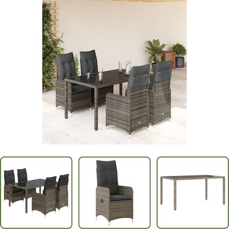 vidaXL Bistro-Set - 5-tlg. Garten-Bistro-Set mit Kissen Grau Poly Rattan (1/5)
