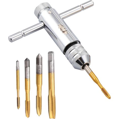 Tarauds à Main, Clé à Taraud Réglable, Clé pour Porte-taraud à Poignée en T avec 5 pièces HSS M3 M4 M5 M6 M8 Taraud à Filetage Métrique (1/5)