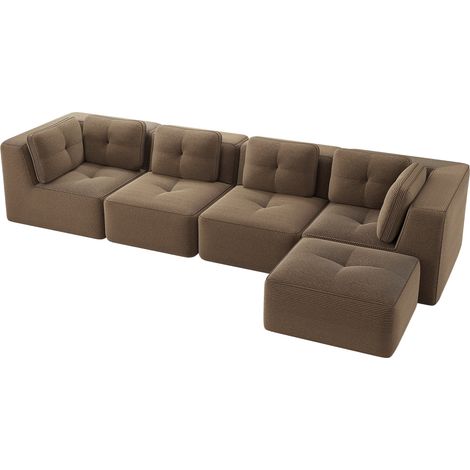 CAIziCanapé de salon modulable sans structure, canapé 4 places confortable avec assise profonde, coussins moelleux et revêtement en velours côtelé, aucun montage requis et design antidérapant, marron (1/5)