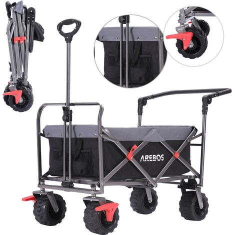 AREBOS Bollerwagen faltbar  Transportkarre  Gerätewagen  Handwagen  Faltwagen  inkl. 2 Netztaschen  mit Vorderrad-Bremsen & Teleskopstange  klappbar  bis 100 kg Tragkraft  Grau