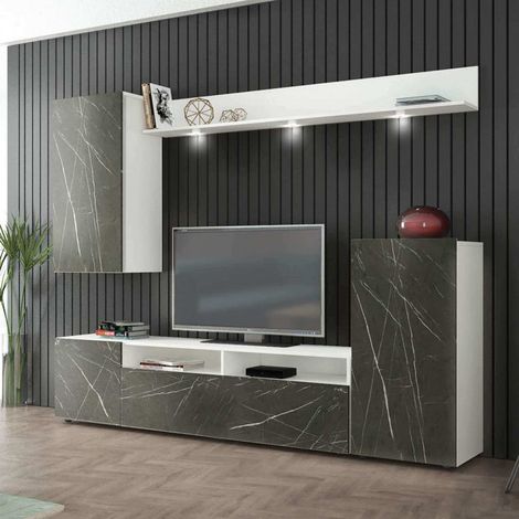 Parete attrezzata soggiorno mobile porta tv 210x36.5x170 cm di colore Bianco e Rovere chiaro mod. Bridge (1/5)