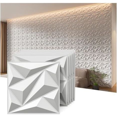12 paneles de pared 3D de PVC con diseño de rombos, revestimiento decorativo para paredes interiores de 30 cm x 30 cm (3 m²) para fondo de TV, dormitorio, sala de juegos (Z1-Blanco) (1/5)