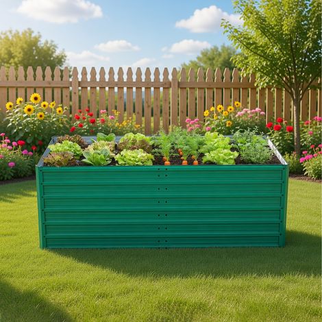 Bac potager surélevé en métal 190x90x64 cm vert, jardinière sans fond, drainage optimal, acier résistant rouille