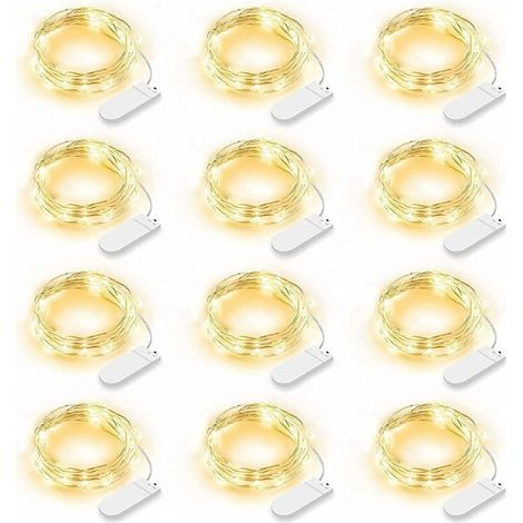 Lot de 12 Guirlande Lumineuse LED, Guirlande Lumineuse à Piles 2m 20 LEDs Fée Chaîne Lumières Guirlande IP65 Étanche LED Déco pour Chambre Noël Mariage Fête Jardin, Blanc Chaud (Blanc Chaud)