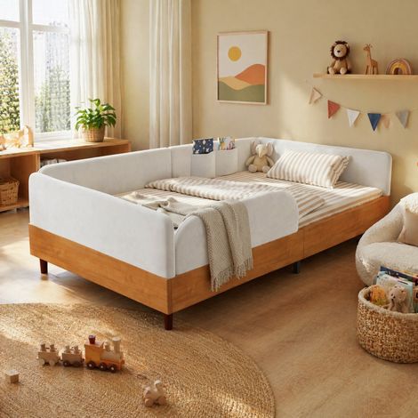 Cama acolchada infantil 90x200 cm en terciopelo blanco y madera, con 2 bolsillos (1/5)
