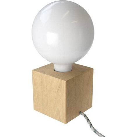 Posaluce Cubetto, lampada da tavolo in legno naturale completa di cavo tessile, interruttore e spina a 2 poli (1/5)