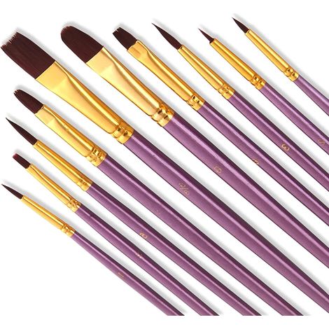 Set de 10 pinceaux en nylon premium, manches en bois, pour acrylique, aquarelle et peinture à l'huile, idéal pour débutants, enfants et artistes, kit de peinture professionnel. (1/3)