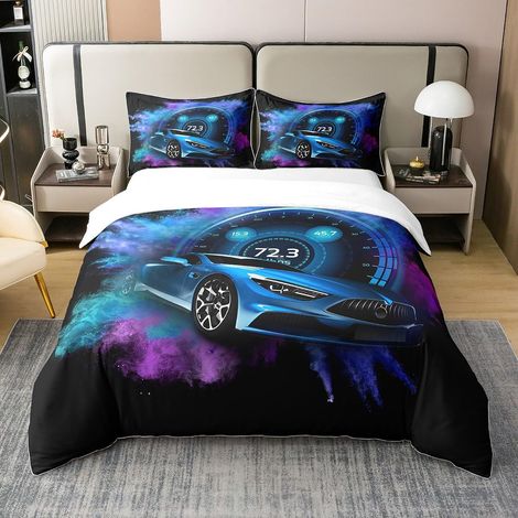 Coton Housse de Couette 140x200 Voiture de Sport, Ensembles de Literie Voiture de Course Bleue pour Jeunes Garçons, Parure de Lit Graffiti Pourpre Tie Dyed, Décoration de Chambre (1/5)
