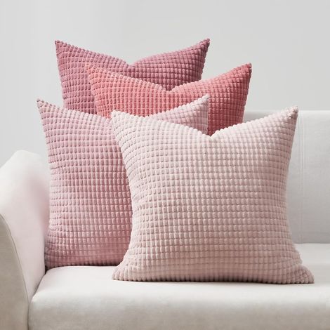 Housses Coussin de Sol 50x50 en Velours Côtelé Doux Décor Housses de Coussin Canape Chaise Fauteuil Motifs à Carreaux Salon Chambre Lit, Rose Dégradé, Lot de 4 (1/5)